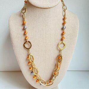 Premier Designs Atlantis goldtone link necklace with peach and gray faux pearls